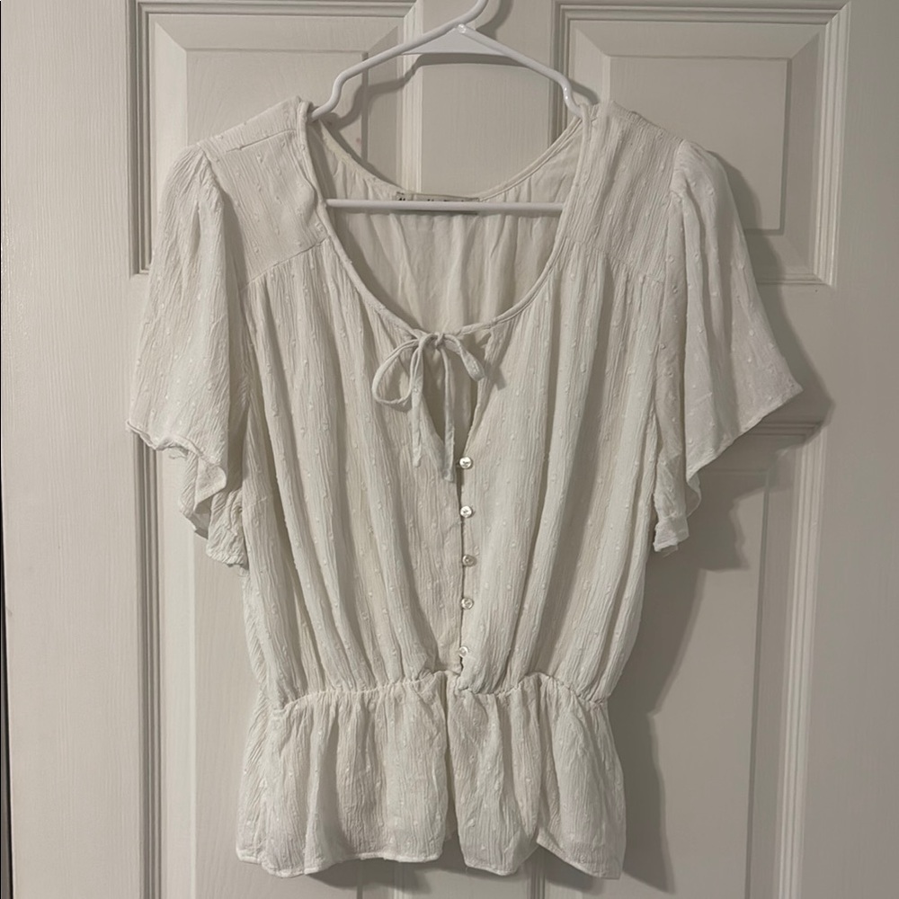 Abercrombie & Fitch White Buttoned Peplum Flutter Sleeve Blouse